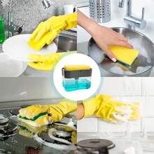 Bebeay Dispensador de Jabon Cocina Jaboneras para Cocina con Porta Esponja Jabonera para Trastes Fregadero 300ml Pulsar para Dispensar Reposición Oportuna Limpieza de Platos Cubiertos y Sartenes - Plata - Ver 6