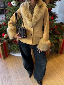 Seelio Autumn/Winter New European & American Fashion Minimalist Suede Leather & Faux Fur Effect Blazer - Light Brown - View 2