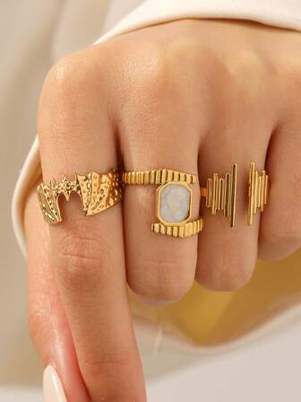 3pcs/Set Fashionable Unique Minimalist Elegant Plated Stainless Steel Bat Geometric Open Ring, Adjustable Suitable For Women Daily, Party, Date Wear