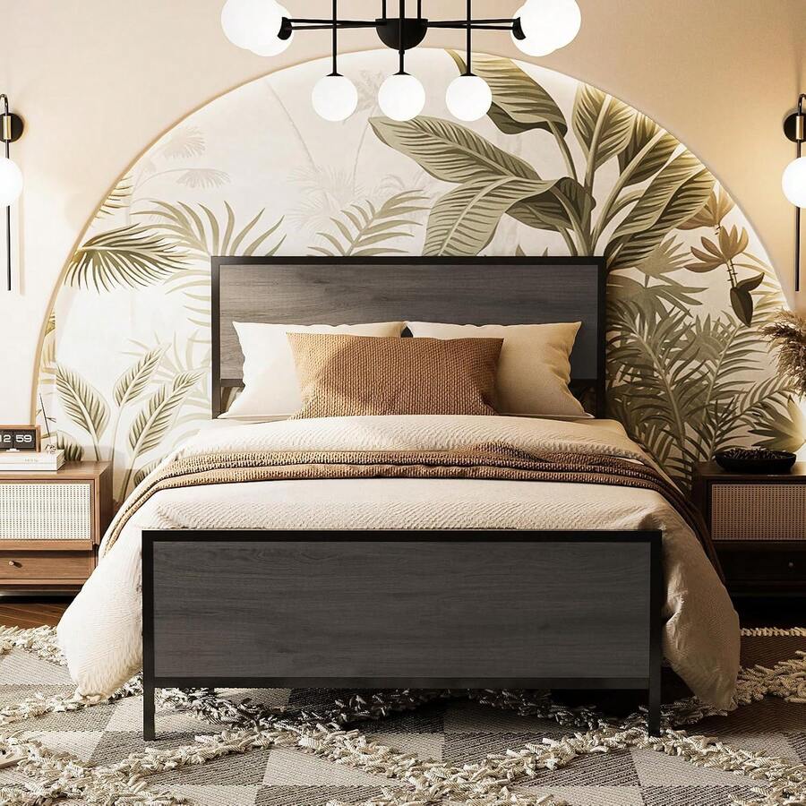 Base de Cama Individual,1M Cama Individual,Base de Cama con Cabecero y Pie de Cama,Bases para Camas Individuals,con Bases Camas Soporte de Lamas Metálicas,195CM*100CM*35CM (Gris) - GRIS - Ver 1