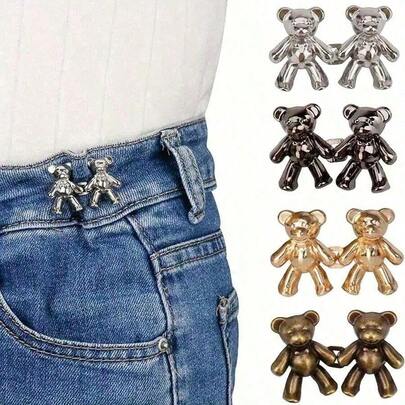 Cute Bear Button Pins For Jeans, No Sew And No Tools Instant Pants Waist Tightener, Adjustable Jean Buttons Pins For Loose Jeans 4 Sets Jeans Button Replacement Pants Clips For Waist Buckle