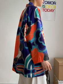 Retro Japanese Style Crane Print Kimono Cardigan, Loose Fit Versatile Lightweight Outerwear For Daily Wear, Spring/Summer - Burnt Orange - View 7