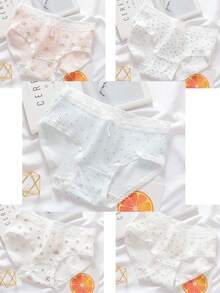 5pcs Women's Sweet Pastoral Style Comfortable Lace Trim & Bow Decor Briefs Set - Multicolor - View 4