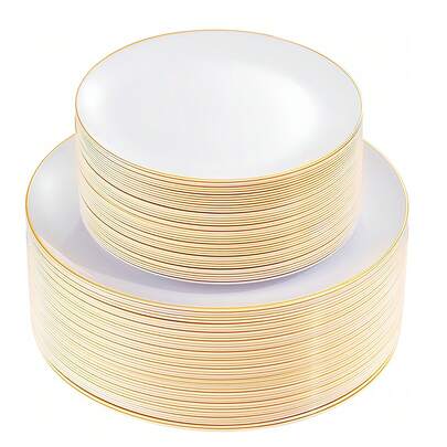 Gold Elegant Plates, White With Gold Rim Plastic Plates, Pasta Plates, Dessert Plates, Party Plates, Appetizer Plates, Cake Plates, Easy To Clean Reusable Dinnerware, Suitable For Parties, Weddings, Luncheons, Family Gatherings, Engagement Parties, BBQs, Dinners, Reunions, Birthdays, Holidays, Retirement Celebrations, Picnics, Buffets, Dining, Valentine's Day Dinners, Etc. (Various Size Combinations Available To Accommodate Any Number Of Diners)