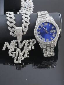 1 套 Bling Bling“永不放弃”吊坠项链、链、手链、男士手表、经典配饰,馈赠亲朋好友的绝佳礼物 - 紅色 - 查看 41