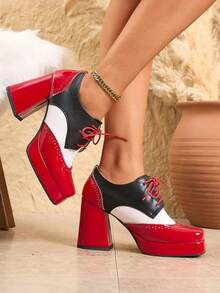 Women's Multi Colored Oxford Shoes Fashion Square Toe Chunky High Heels Platform Brogues Pumps Lace Up Work Office Dress Shoes - Đỏ - Xem 2