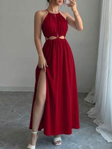 Women Summer Sleeveless Halter Dress Hollow Out Cutout Slit Flowy Long Dress Bohemian Party Cocktail Beach Holiday Vacation Boho Valentine Maxi Dress Sundress Outfits - 紅色 - 查看 6
