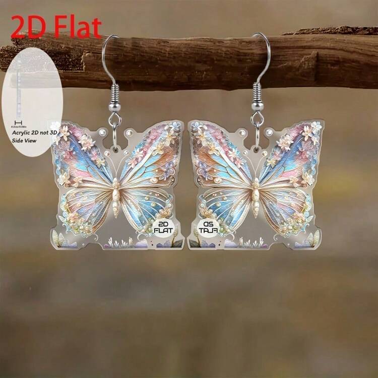 2D flat butterfly wing floral decorative pendant earrings, fashionable jewelry, party gifts, and festival presents for family and friends - Multicolor - Añade 8