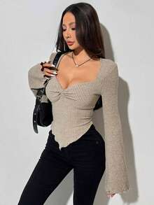 Camiseta de manga larga y cuello cuadrado con textura de canalé, cuello con nudo retorcido y dobladillo de volantes para mujer, para otoño/invierno. - Camel - Ver 4