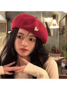 1顶情人节红色羊毛贝雷帽 - 珍珠爱心装饰法式贝雷帽，女士优雅柔软保暖冬季头饰，时尚休闲街头风帽子，适合咖啡馆约会、日常穿搭和节日庆典。 - 彩色 - 查看 12