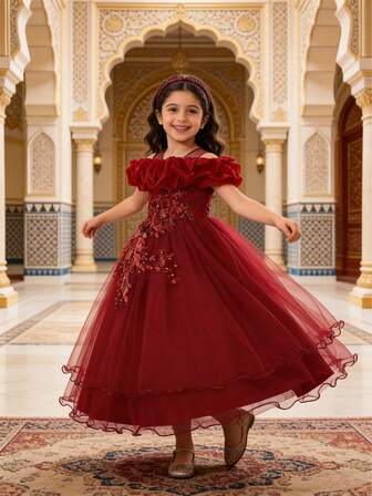 Vestido de dama de honor con un hombro con bordado floral para niñas