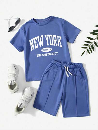 男童字母印花圆领短袖T恤和抽绳短裤两件套休闲套装