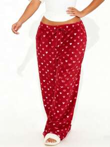 Valentine's Day Womens Pants Heart Print Elastic Drawstring Waistband Wide Leg Loose Fit Trousers Casual Daily Wear - Màu hồng gỉ - Xem 1