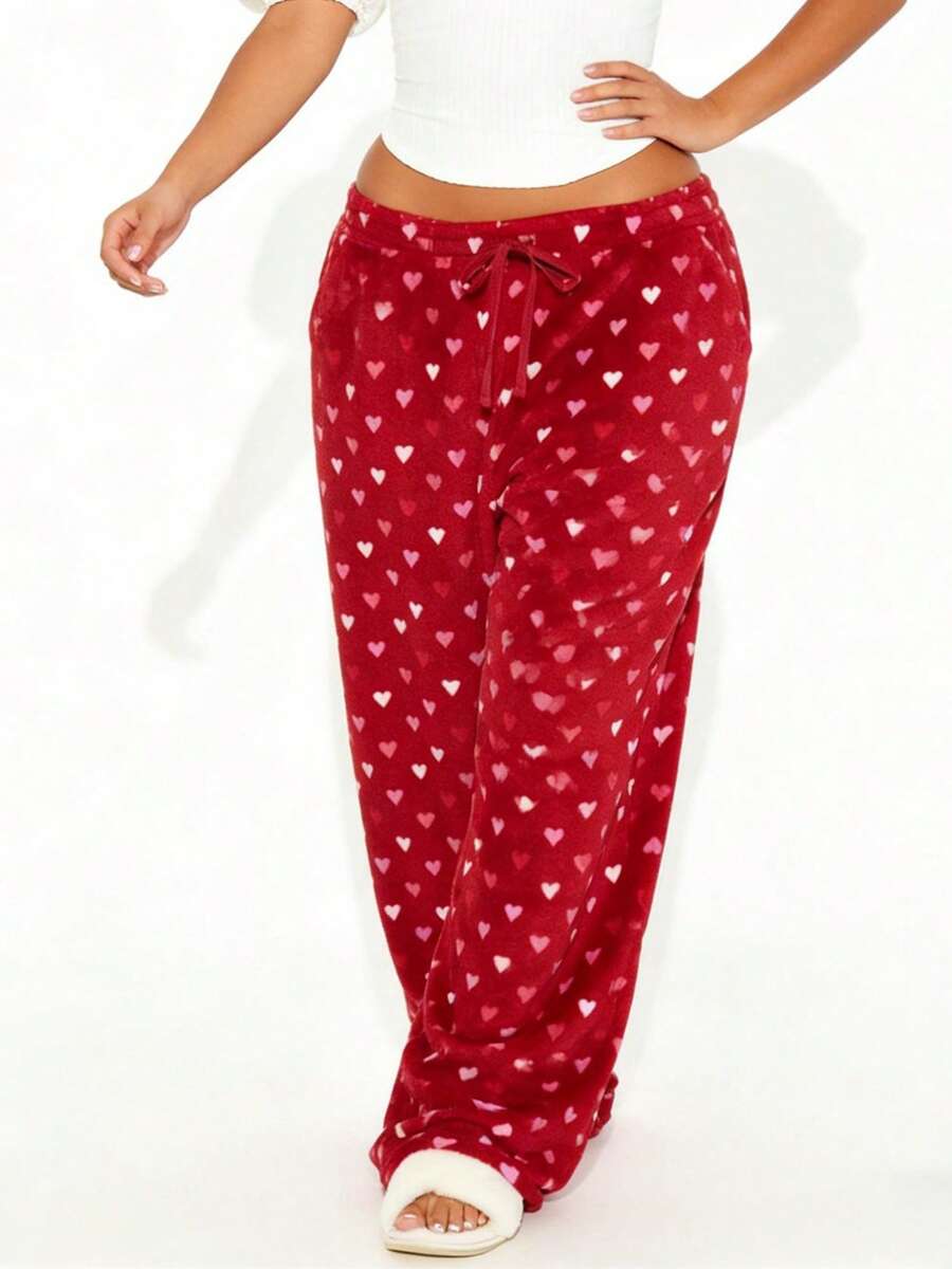 Valentine's Day Womens Pants Heart Print Elastic Drawstring Waistband Wide Leg Loose Fit Trousers Casual Daily Wear - Màu hồng gỉ - Xem 1