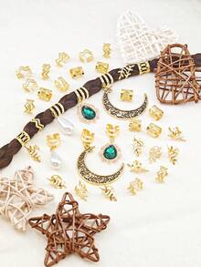 36件套发饰，金色镂空月亮和绿色镂空镶嵌水钻，辫子发饰，女士发圈饰品（月亮），爪夹，发夹，发卡，头饰，发卡 - 金色 - 查看 5