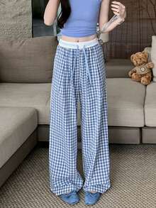 Pantalones de mujer Pantalones de cuadros para mujer con diseño de colores contrastantes, estilo relajado, corte recto, caída elegante, pantalones largos y sueltos, versión fina de pierna ancha - Azul - Ver 1