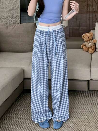 Pantalones de mujer Pantalones de cuadros para mujer con diseño de colores contrastantes, estilo relajado, corte recto, caída elegante, pantalones largos y sueltos, versión fina de pierna ancha