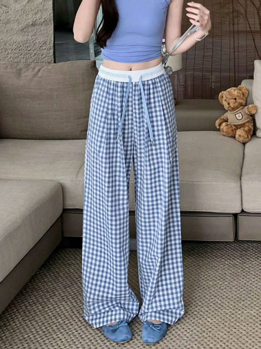 Pantalones de mujer Pantalones de cuadros para mujer con diseño de colores contrastantes, estilo relajado, corte recto, caída elegante, pantalones largos y sueltos, versión fina de pierna ancha - Azul - Ver 1