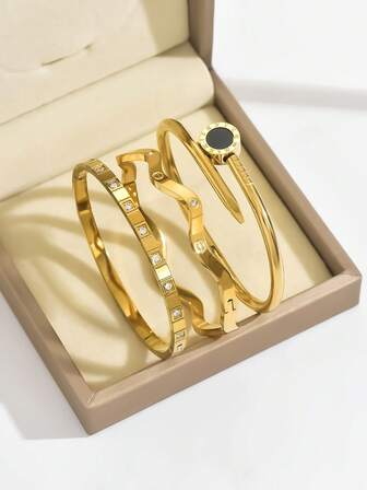 3pcs/1pc Fashion 18K Gold Plated Stainless Steel Four-Leaf Clover Nail Bracelet, Suitable For Women's Party, Daily Wear, European And American Style, Personalized, Generous, Luxury Cubic Zirconia Wristband, Wedding Jewelry Set, Gift For Girls, Women, Relatives, Friends, Beautiful Wedding, Birthday, Valentine's Day