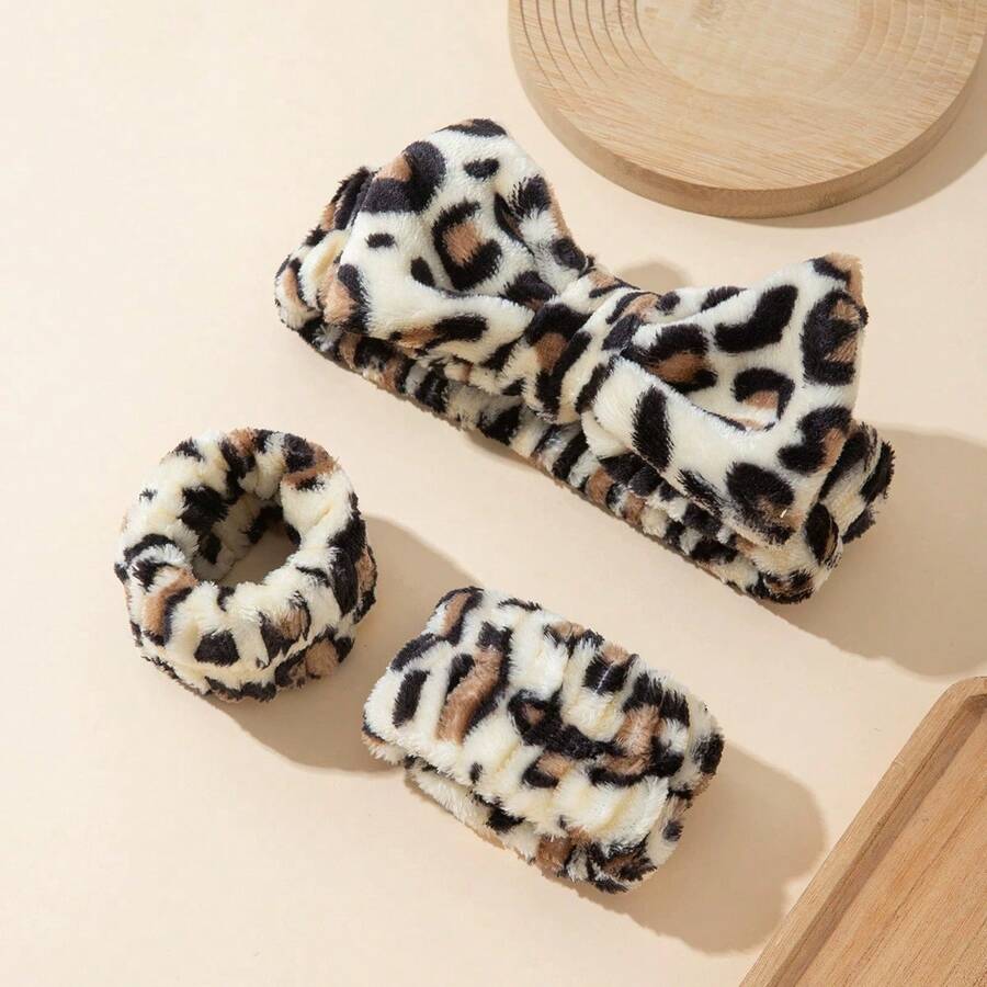 1/3pcs Leopard Print Bow Headband, Wrist Wrap Set With Printed Headscarf, Absorbent Wristband, Reusable Washing Wristband, Soft Microfiber Towel Wristband, Facial Cleansing Wristband For Women, Girls, Yoga, Running