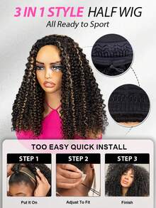 CURLYME Balayage Highlight Ombre Brown Kinky Curly Wear And Go Half Wig 3-In-1 Drawstring Human Hair Wig Seamless Natural Hairline 180% Density 16–28 Inch Glueless Beginner Friendly Christmas Gifts Daily Wear Travel Wig For Women - S1B/4/27 - View 7