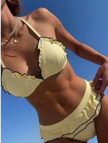 Women's Summer Beach Frill Halter Tie Sexy Bikini Swimsuit Set - Yellow - View 1