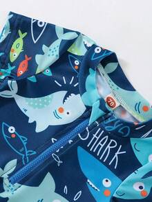 Baby Boys Print One-Piece Rash Guard, Long Sleeve Swimsuit, Quick Dry Beach Outfit For Spring/Summer Swimming Pool & Beach - Navy Blue - View 5