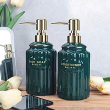 Ceramic Soap Dispenser Pump 14OZ for Bathroom and Kitchen Hand and Body Soap Refill Bottle with Gold Pump and Labels 2-Pack - Verde - Ver 4