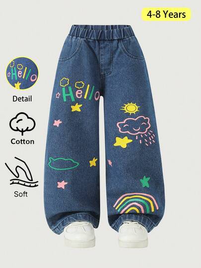 Girls' Casual Cartoon Print Loose Fit Straight Leg Jeans, Versatile Children Denim Pants, Spring/Autumn