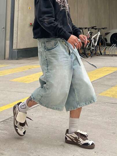 Vintage Men's Denim Baggy Jorts Bermuda Streetwear Jeans Strap Design Shorts Loose Fit Men Capri Pants
