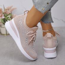 Zapatos casuales de running ligeros y antideslizantes con suela blanda, nuevos para primavera 2026, zapatillas de cuña con rhinestones para mujer - Rosa - Ver 4