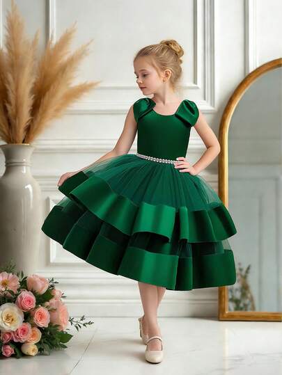 女童无袖薄纱缎面蝴蝶结露背优雅礼服，适合参加宴会、婚礼花童等场合，不含头饰