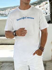 男士夏季时尚简约创意桃子与英文元素印花圆领短袖T恤 | 基础款街头休闲套头衫，百搭男友礼物