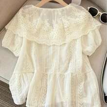 女式刺绣网眼拼布泡泡袖单排扣衬衫，秋季 - 杏色 - 查看 4