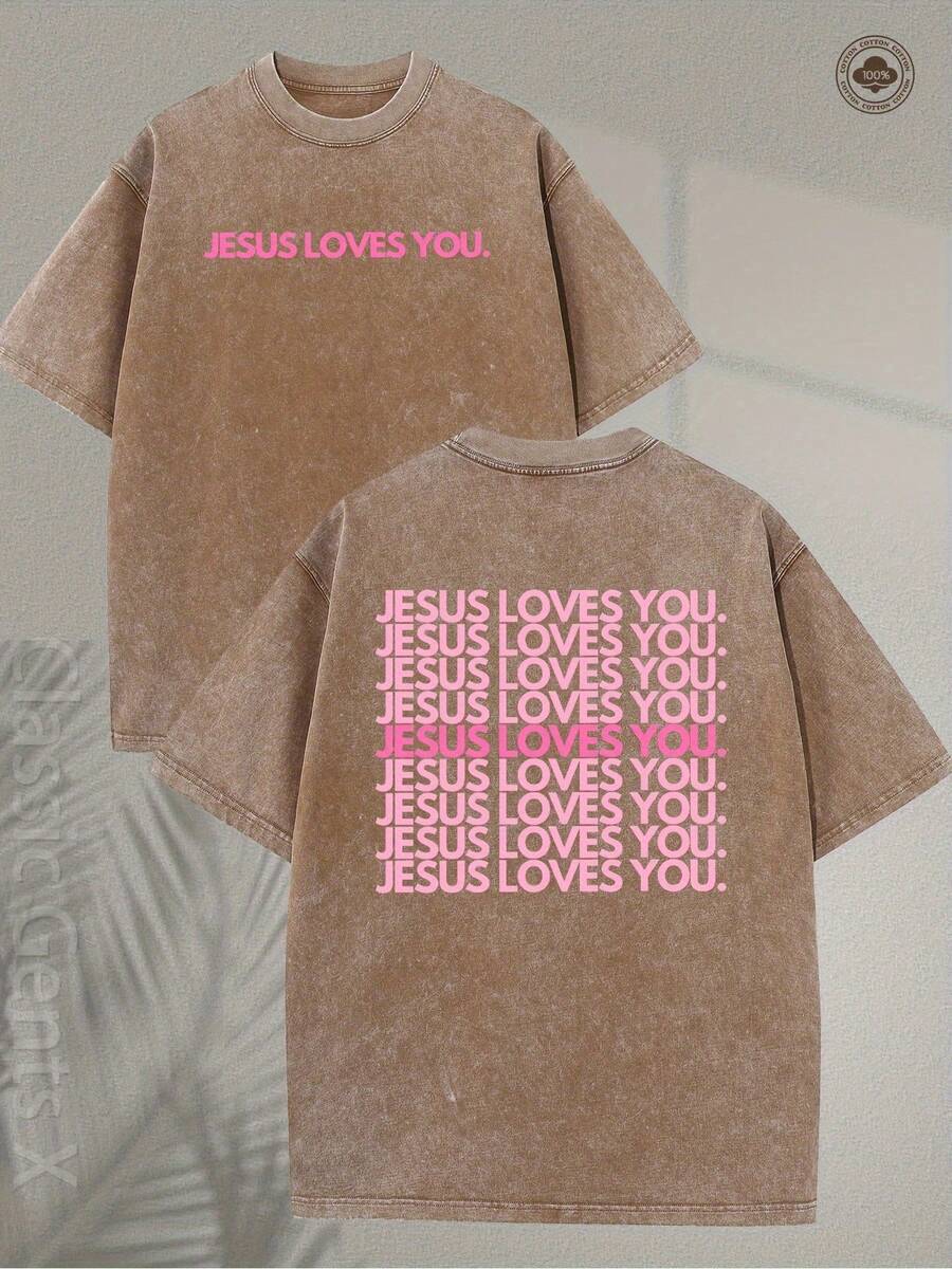 230GSM Heavy Washed T-Shirt- Jesus Loves You Religious Pattern T-Shirt, Pink Green And Pink Letters Double-Sided Print- Christian Clothing, Unisex Crew Neck Top, Suitable For Church, Casual Wear, Gift Giving- Machine Washable Soft Crew Neck - 咖啡棕 - 查看 1