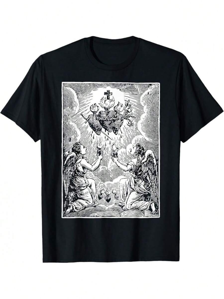 NUEVO LIMITADO Sagrado Corazón de Jesús; Inmaculado Corazón de María Camiseta Gráfica Bohemia - Impresión de Arte Religioso Negra Camiseta de algodón de corte holgado para hombres. Casual; Ropa de exterior. Todas las estaciones. Tallas S-5XL. Camisa para oficina de la iglesia. Ropa de ocio. Ropa de Tema. Algodón cómodo - Negro - Ver 1