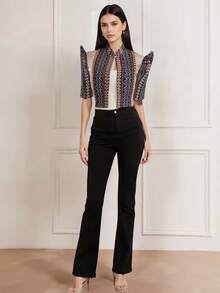 Amyenjoylife 现代菲律宾风情上衣，蝴蝶袖菲律宾风情上衣，女士春夏印花优雅立袖泡泡袖立领纽扣开襟上衣，女士菲律宾风情短外套 - 杏色 - 查看 3