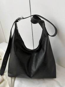 Tas jinjing komuter warna solid bahan PU model terbaru 2026, tas selempang desain minimalis dan unik, tas bahu bergaya dengan kapasitas besar. - Hitam - View 11