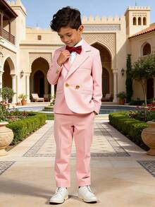 男童三件套西装，新款花童婚礼正式服装，适合幼儿、小童和大童的演出服，包括西装外套、裤子和领结。