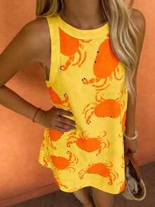 Sea Starshine 2025 Women's Fashionable, Elegant And Sexy Sleeveless Yellow Random Crab Print Dress, Spring/Autumn - Yellow Orange - View 5