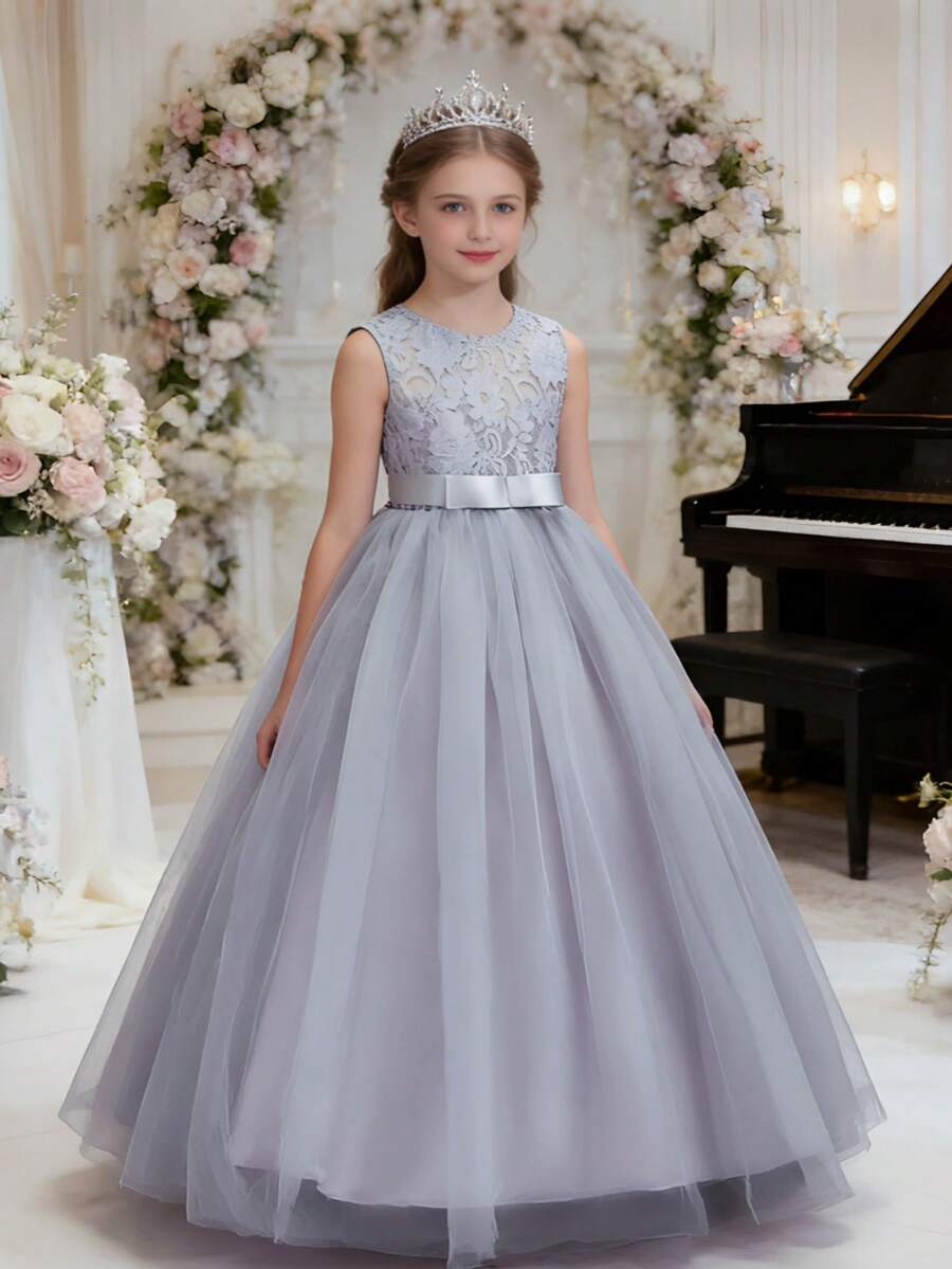 Long Tulle Princess Dress, Girls Formal Gown For Wedding, Birthday Party, Recital, Flower Girl Dress - Grey - View 1