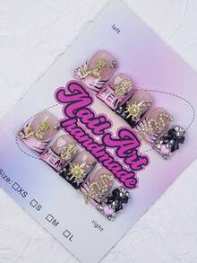 10片手工制作的Y2K风格鸭嘴美甲贴片，裸色和黑色，法式贴法，饰有水晶、蛇、花、行星、星星等元素，适合派对、舞会、日常佩戴，男女通用，配有配件，是送礼佳品。 - 黑色 - 查看 3