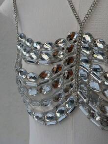 2026春夏新款水钻链条露背女式闪亮节日露脐上衣身体链派对配饰 - 銀色 - 查看 5