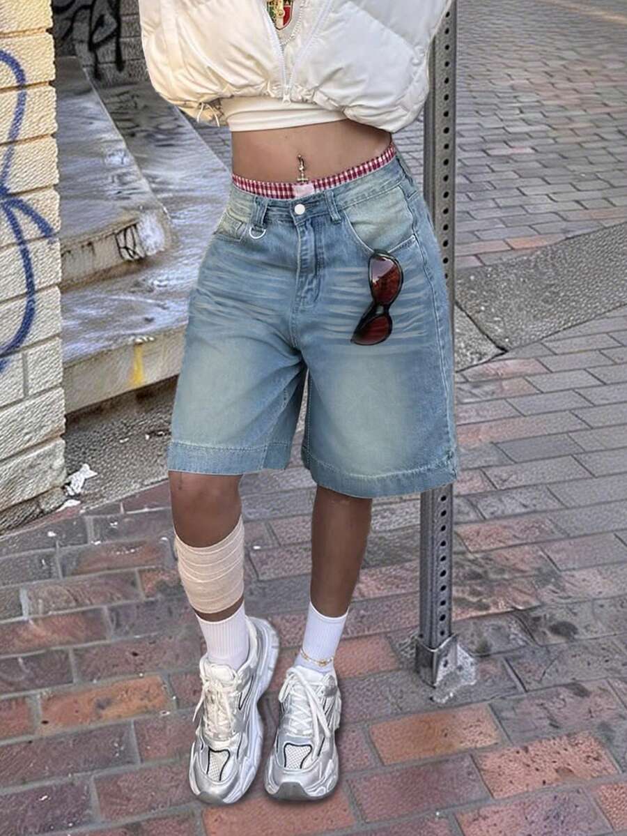 Fashionable Vintage Distressed Blue Women's Denim Shorts, Loose Straight Leg Casual Denim Wide Leg Bermuda Shorts, Summer/Autumn - Blue - View 1