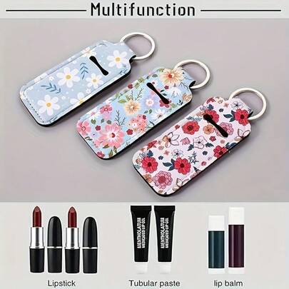Juego de 3 piezas con tema floral: Soporte de bálsamo labial de neopreno, estuche elástico para lápiz labial, bolsa de accesorios de viaje, decoración de llave de coche, estuche portátil para brillo de labios, accesorios de viaje para hombres y mujeres