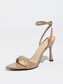 女士高跟凉鞋，四季皆宜，适合夜店派对、户外活动、时尚社交名媛高端宴会等场合，尖头设计，性感迷人，PU皮革波浪纹理穆勒鞋，交叉搭扣带，舒适材质，性感踝带，百搭卡其色优雅穆勒鞋，春夏穿搭之选。 - 卡其色 - 查看 5