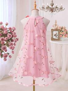 Vestito in rete con fiocco decorativo floreale, dolce e carino, adatto per primavera/estate per ragazze - Rosa - Visualizzare 2