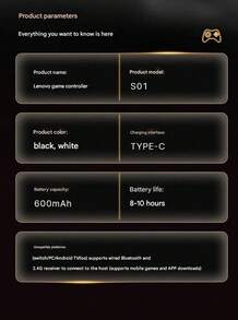 Lenovo S01 Tournament-Grade Esports Gamepad, Type-C Fast Charging, ±0.5° Joystick Precision, 1000Hz Polling, 30ms Latency, Interchangeable Cover, Obsidian Black - Obsidian Black - View 7