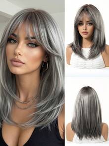 16英寸直发灰色假发，适合白种人女性，采用耐热合成纤维制成，适合日常佩戴。 - 灰色 - 查看 13
