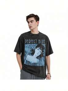 Camiseta de Cuello Redondo Lavada en Azul Perfecto, Estilo Urbano Hip-Hop Retro, Estampado de Anime, Casual, Manga Corta, para Hombre y Mujer, para las 4 Estaciones, Estilo Harajuku. - Negro - Ver 7